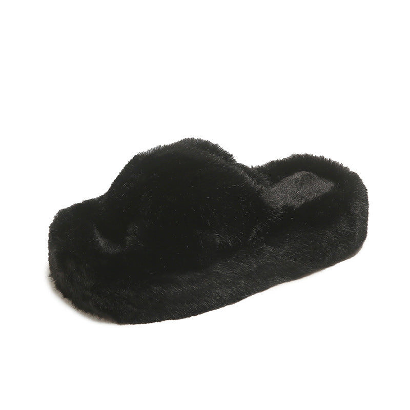 Wholesale Thick-soled Square Toe Plus Velvet Parallel Two Solid-color Fur Slippers